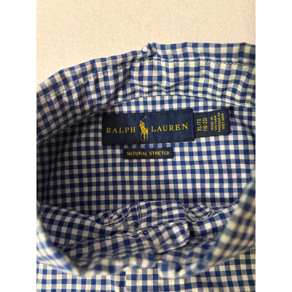 Ralph Lauren Boys XL 18-20 Blue Gingham Natural Stretch Button Down Shirt Pony